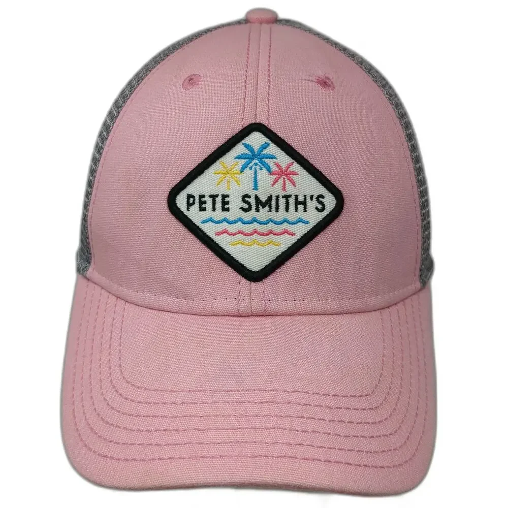 Legacy Trucker Hat Pink One Size Pete Smith's Surf Shop Mesh Patch Palm Trees